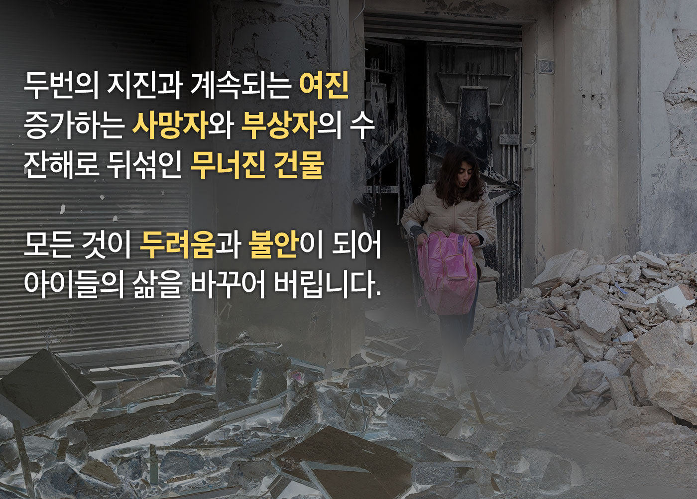 두번의 지진과 계속되는 여진 증가하는 사망자와 부상자의 수 잔해로 뒤섞인 무너진 건물 모든 것이 두려움과 불안이 되어 아이들의 삶을 바꾸어 버립니다.