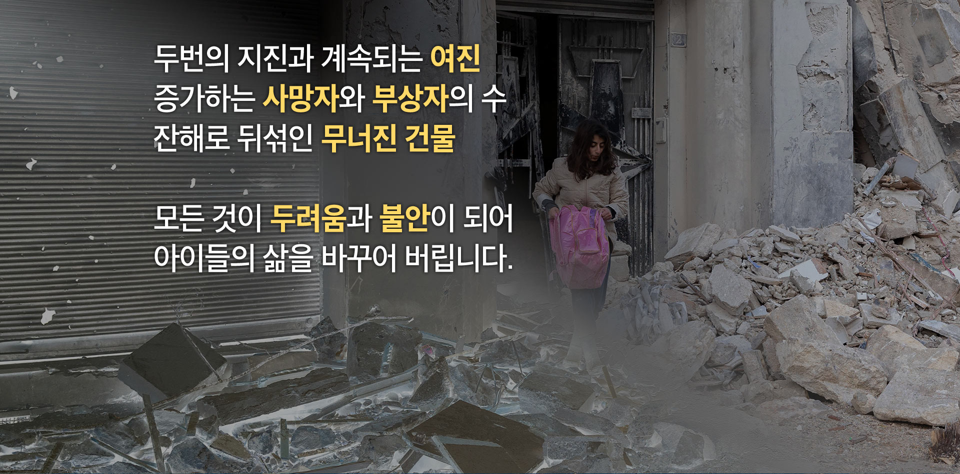 두번의 지진과 계속되는 여진 증가하는 사망자와 부상자의 수 잔해로 뒤섞인 무너진 건물 모든 것이 두려움과 불안이 되어 아이들의 삶을 바꾸어 버립니다.